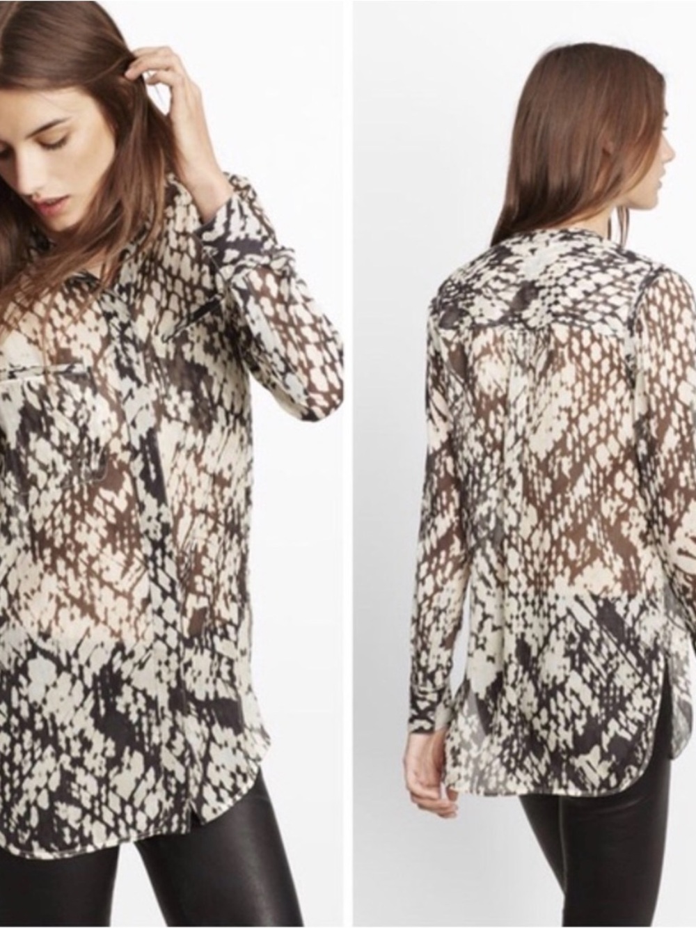 Vince Silk Blouse Tunic Basketweave Button Down Abstract Black Tan Ivory Sz 10